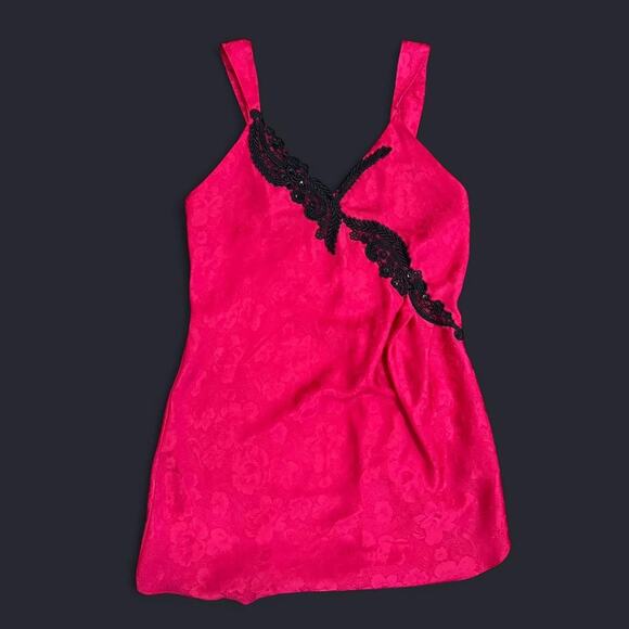 VTG 80s Victoria's Secret Bright Pink/Red Floral Black Beaded Lace Lingerie Slip - Picture 6 of 8